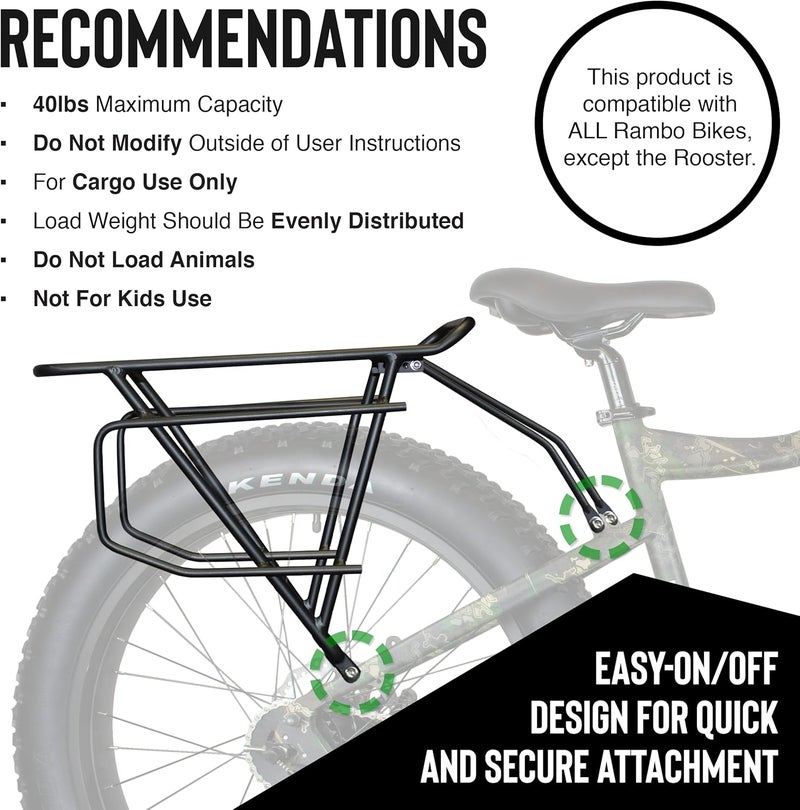 Rambo Bikes Aluminum Bike Rack - Heavy-Duty, Extra-Large Rear Bike Rack for Fat Tire Bikes - 40lbs Maximum Capacity, Lightweight 6061 Aluminum Alloy Frame - Easy to Install on Electric Bikes - Image 4